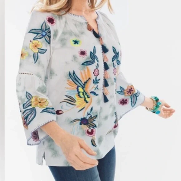 John•Mark Sz Small Embroidered Blue and White 3/4 Sleeve Boho Blouse - Picture 3 of 12